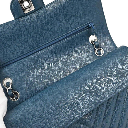 Chanel Blue Caviar Skin Chevron Medium Classic Double Flap Shoulder Bag