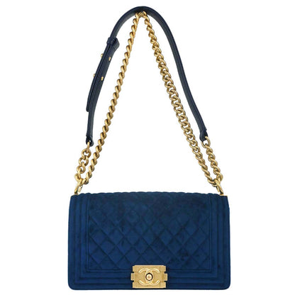Boy Chanel Blue Velvet Medium Double Chain Shoulder Bag