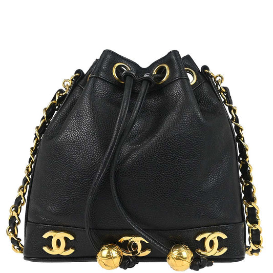 Chanel 1994-1996 Black Caviar Skin Triple CC Drawstring Shoulder Bag