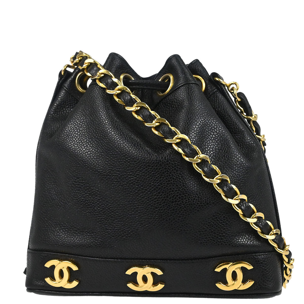 Chanel 1994-1996 Black Caviar Skin Triple CC Drawstring Shoulder Bag