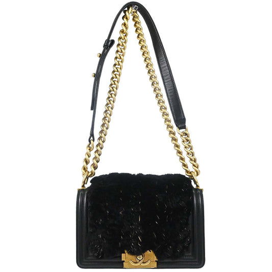 Boy Chanel 2015-2016 Black Lambskin Lapin Fur Small Chain Shoulder Bag