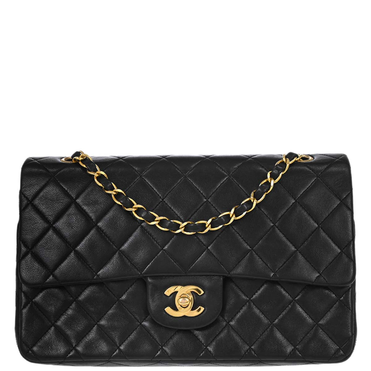 Chanel 1989-1991 Black Lambskin Medium Classic Double Flap Shoulder Bag