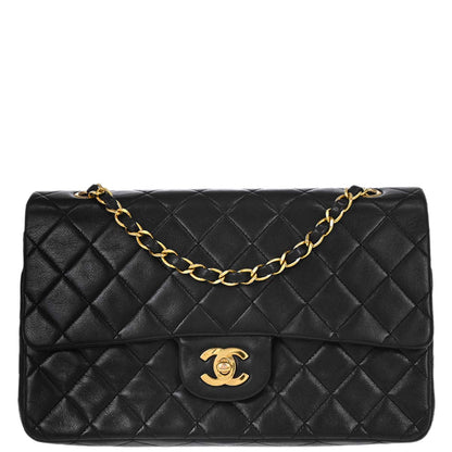 Chanel 1989-1991 Black Lambskin Medium Classic Double Flap Shoulder Bag