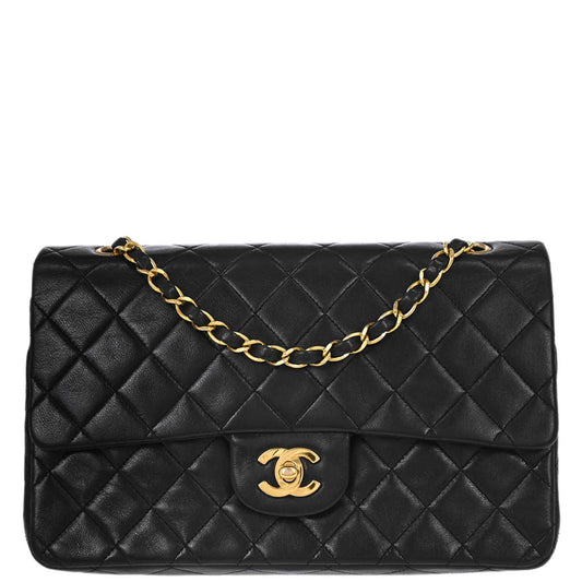 Chanel 1989-1991 Black Lambskin Medium Classic Double Flap Shoulder Bag