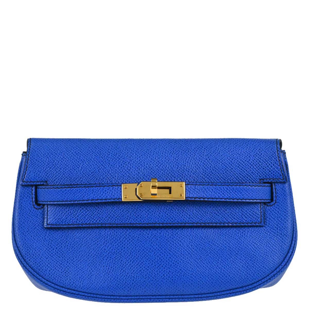 Hermes Blue France Courchevel Banana Kelly Clutch Bag