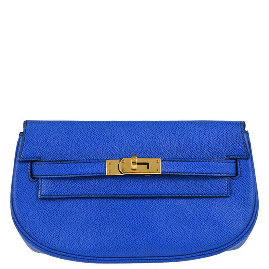 Hermes Blue France Courchevel Banana Kelly Clutch Bag