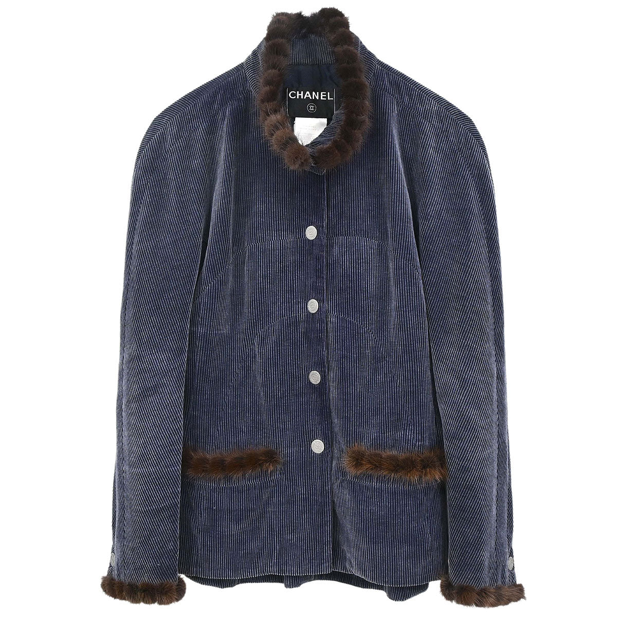 Chanel 2003 Single Breasted Corduroy Fur Jacket Navy #36
