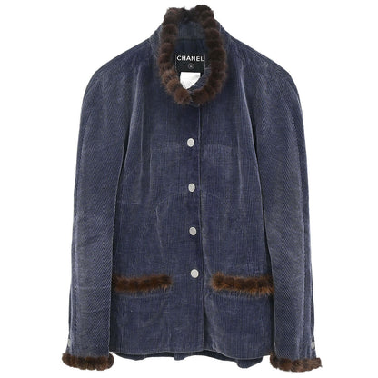 Chanel 2003 Single Breasted Corduroy Fur Jacket Navy #36