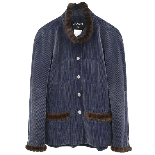Chanel 2003 Single Breasted Corduroy Fur Jacket Navy #36