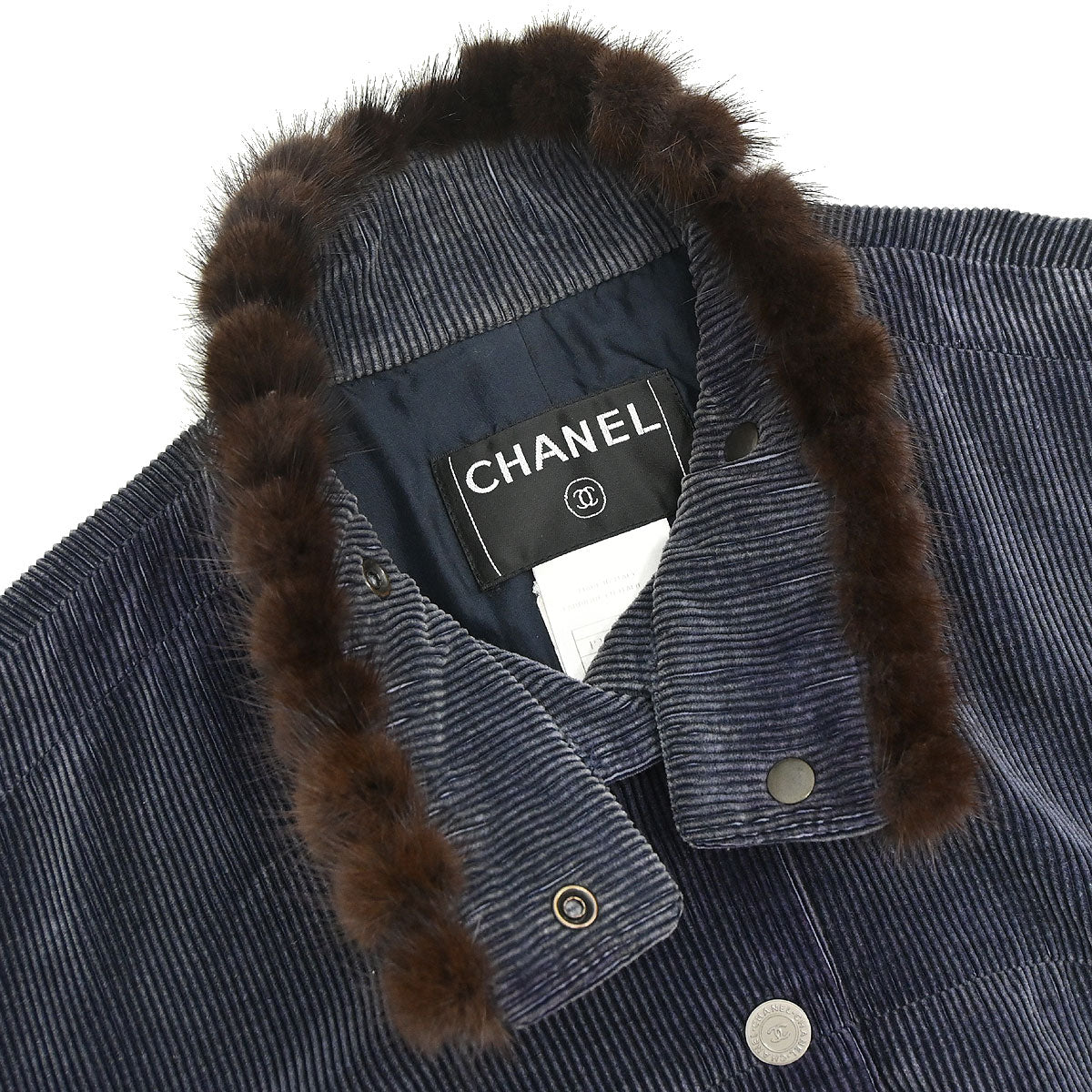 Chanel 2003 Single Breasted Corduroy Fur Jacket Navy #36
