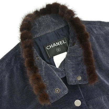 Chanel 2003 Single Breasted Corduroy Fur Jacket Navy #36