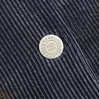 Chanel 2003 Single Breasted Corduroy Fur Jacket Navy #36