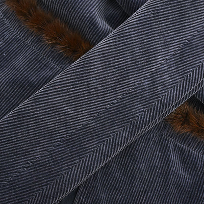 Chanel 2003 Single Breasted Corduroy Fur Jacket Navy #36