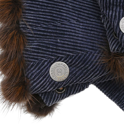 Chanel 2003 Single Breasted Corduroy Fur Jacket Navy #36