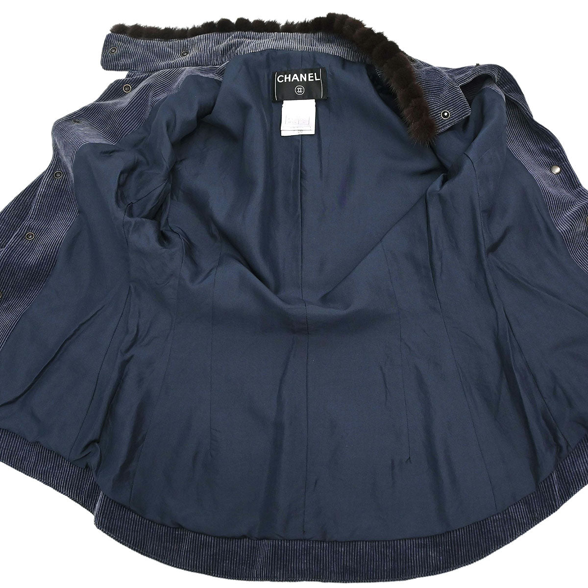 Chanel 2003 Single Breasted Corduroy Fur Jacket Navy #36