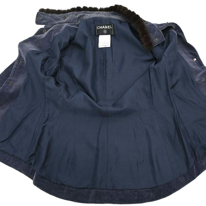 Chanel 2003 Single Breasted Corduroy Fur Jacket Navy #36