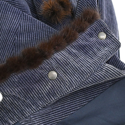 Chanel 2003 Single Breasted Corduroy Fur Jacket Navy #36