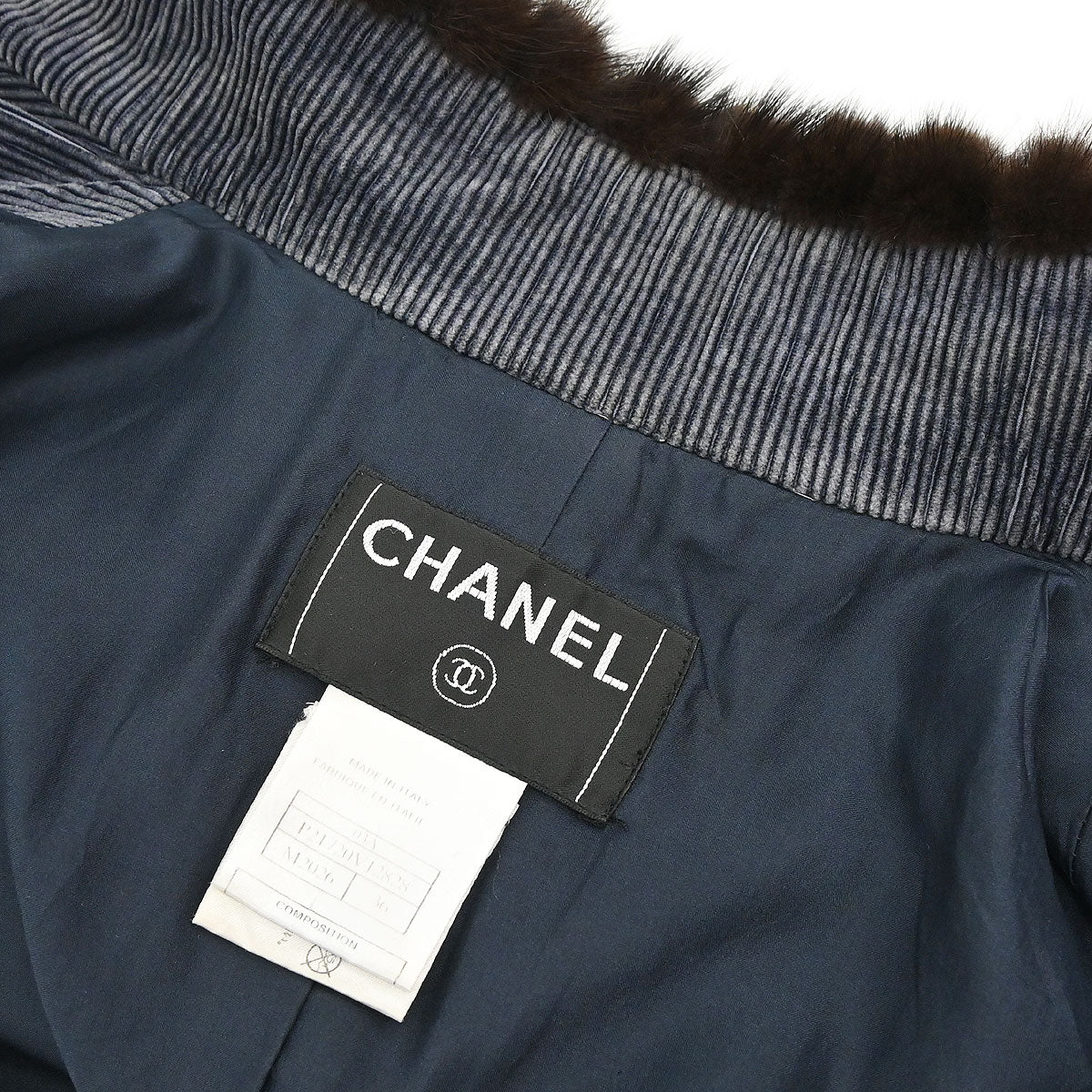 Chanel 2003 Single Breasted Corduroy Fur Jacket Navy #36
