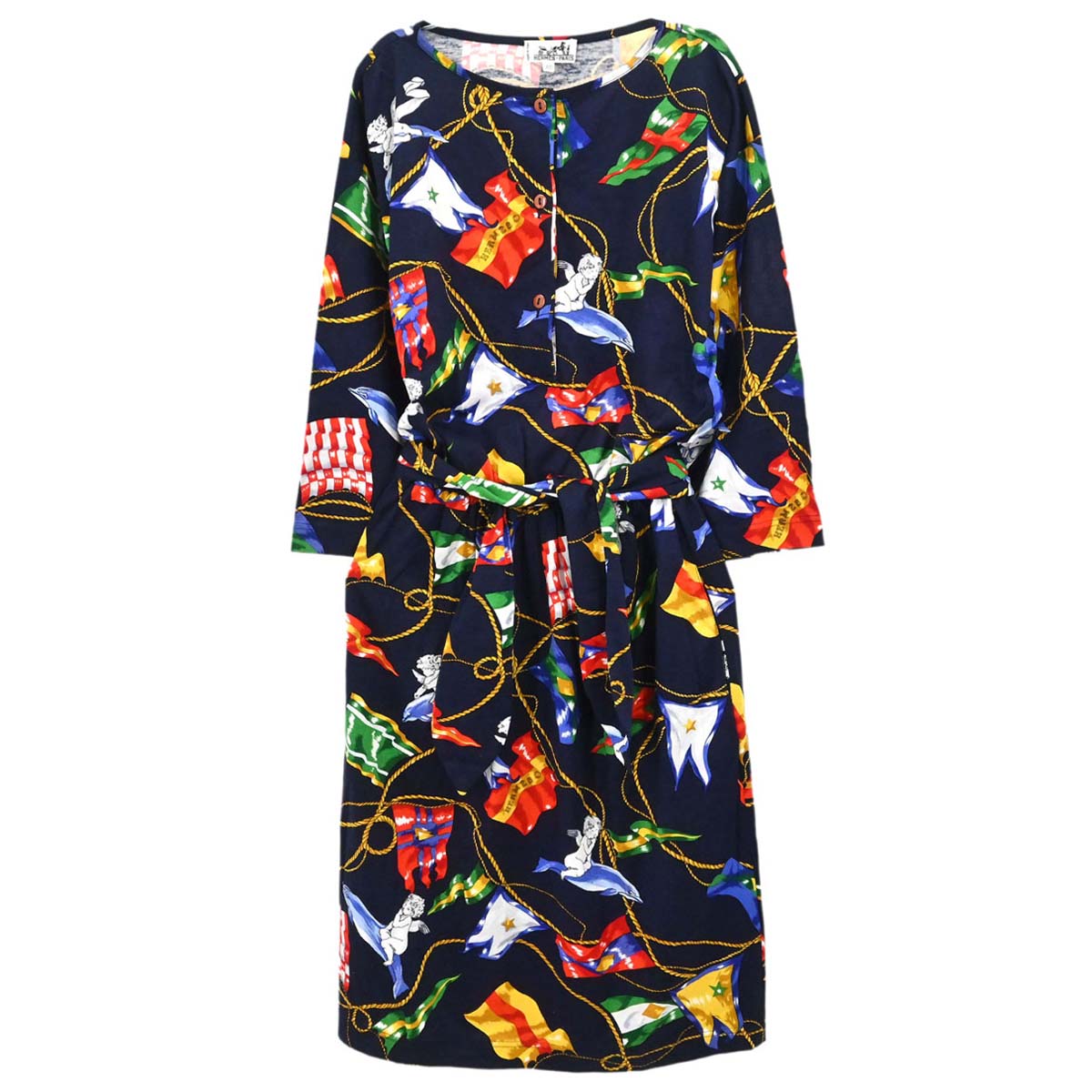 Hermes Long Sleeve National Flags Dress Navy #40