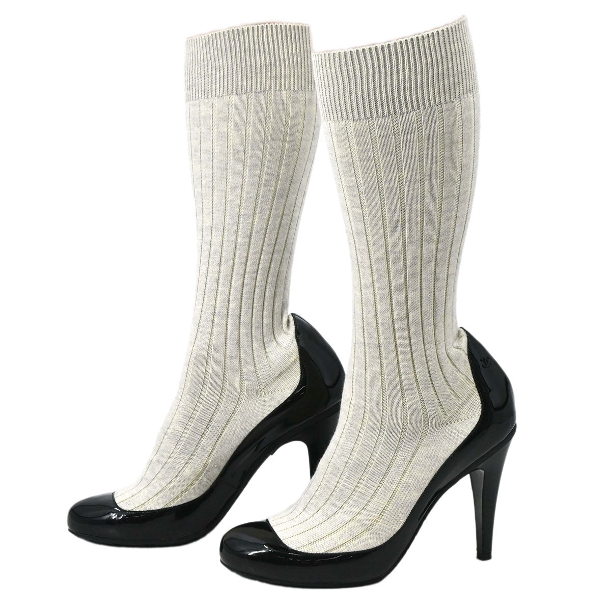 Chanel * Sock Boots Shoes Black Light Gray Shoes #38 1/2