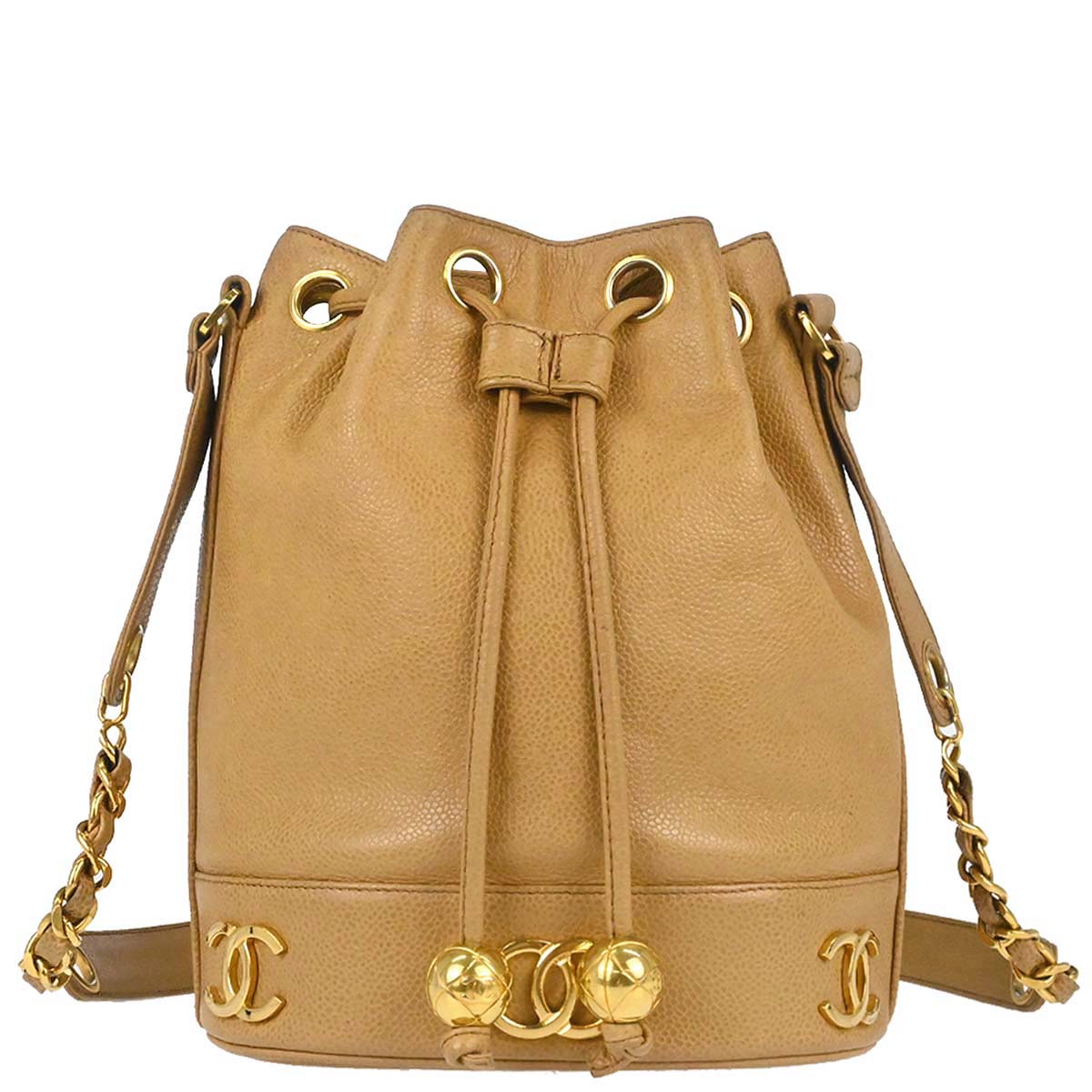 Chanel 1991-1994 Beige Caviar Skin Triple CC Drawstring Shoulder Bag