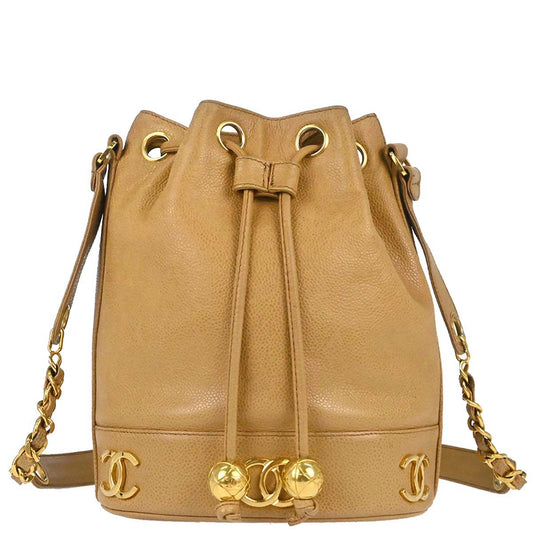 Chanel 1991-1994 Beige Caviar Skin Triple CC Drawstring Shoulder Bag