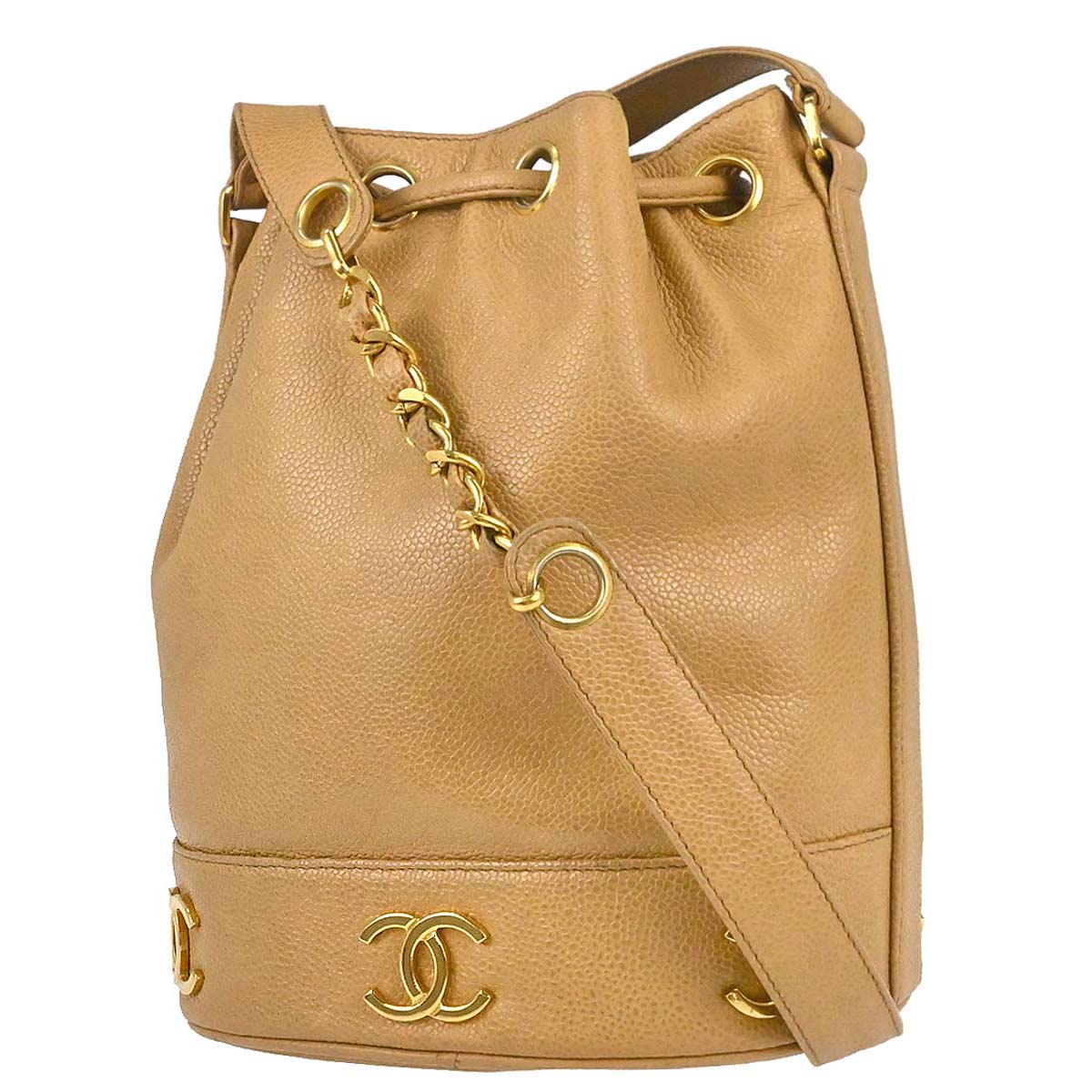 Chanel 1991-1994 Beige Caviar Skin Triple CC Drawstring Shoulder Bag