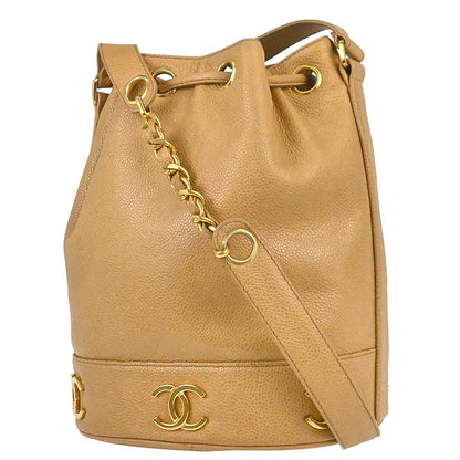 Chanel 1991-1994 Beige Caviar Skin Triple CC Drawstring Shoulder Bag