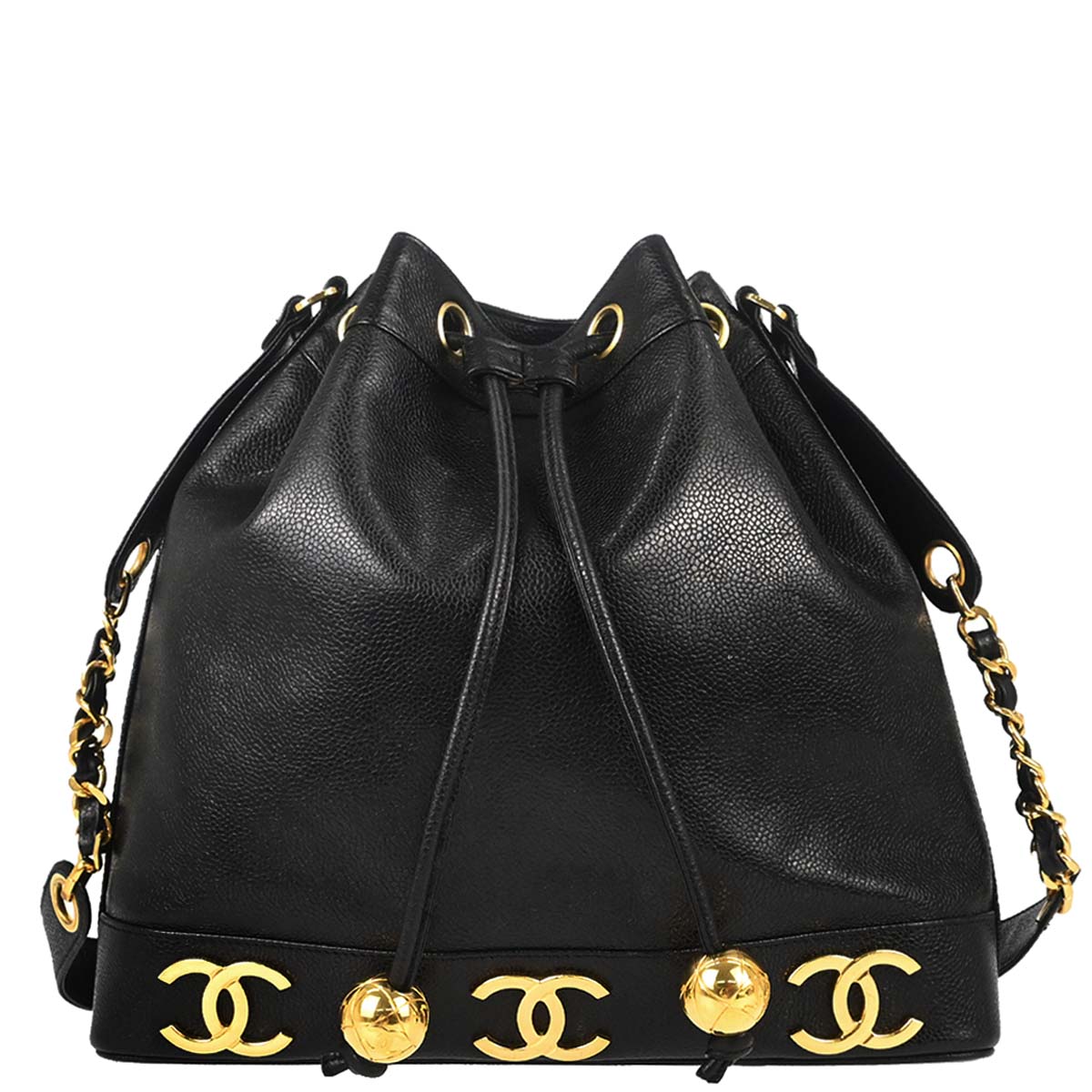 Chanel 1996-1997 Black Caviar Skin Triple CC Drawstring Shoulder Bag