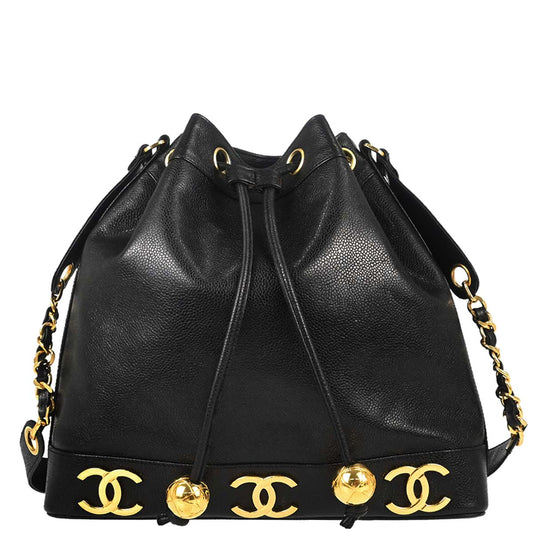 Chanel 1996-1997 Black Caviar Skin Triple CC Drawstring Shoulder Bag