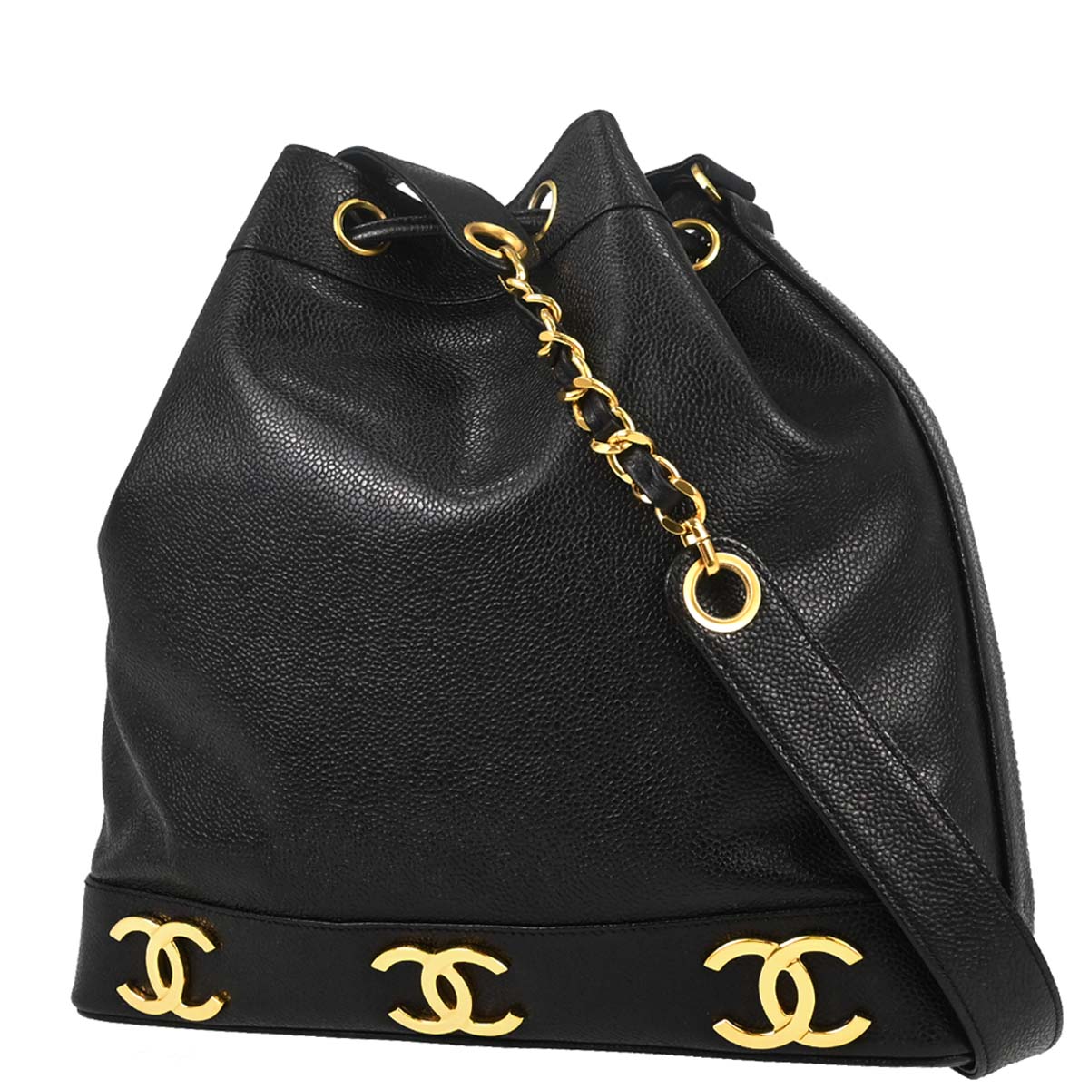 Chanel 1996-1997 Black Caviar Skin Triple CC Drawstring Shoulder Bag
