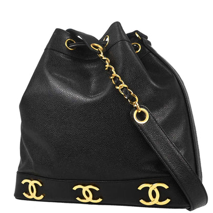 Chanel 1996-1997 Black Caviar Skin Triple CC Drawstring Shoulder Bag