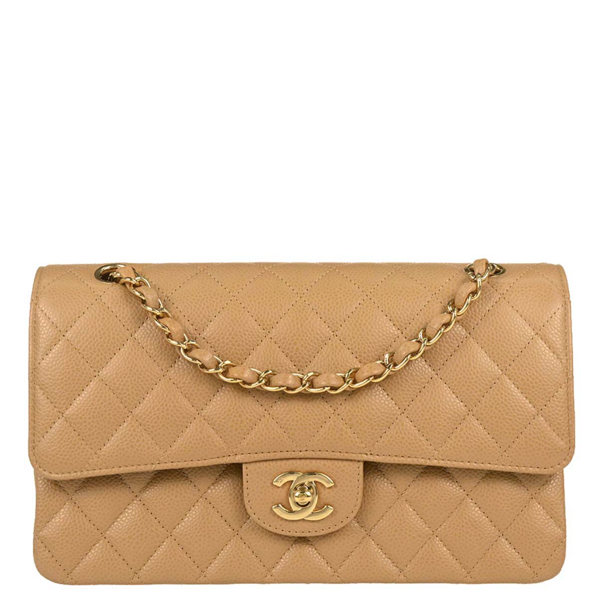 Chanel 2005-2006 Beige Caviar Skin Medium Classic Double Flap Shoulder Bag