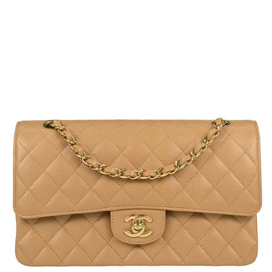 Chanel 2005-2006 Beige Caviar Skin Medium Classic Double Flap Shoulder Bag