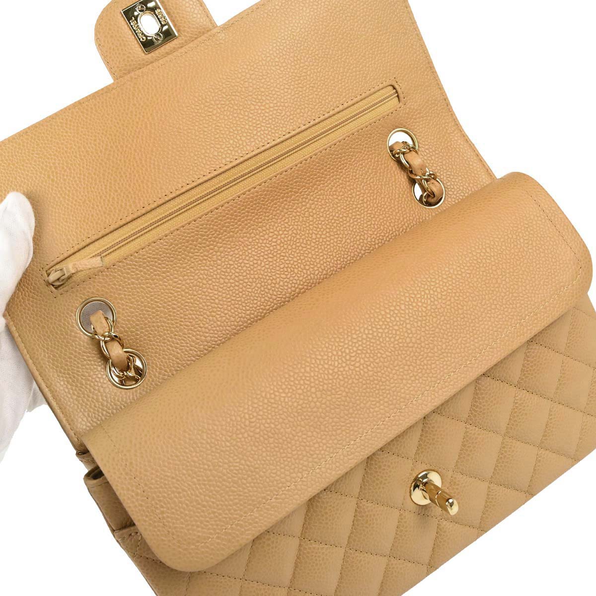 Chanel 2005-2006 Beige Caviar Skin Medium Classic Double Flap Shoulder Bag
