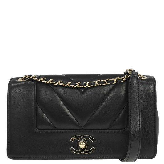 Chanel Black Lambskin Chevron Mademoiselle Flap Shoulder Bag