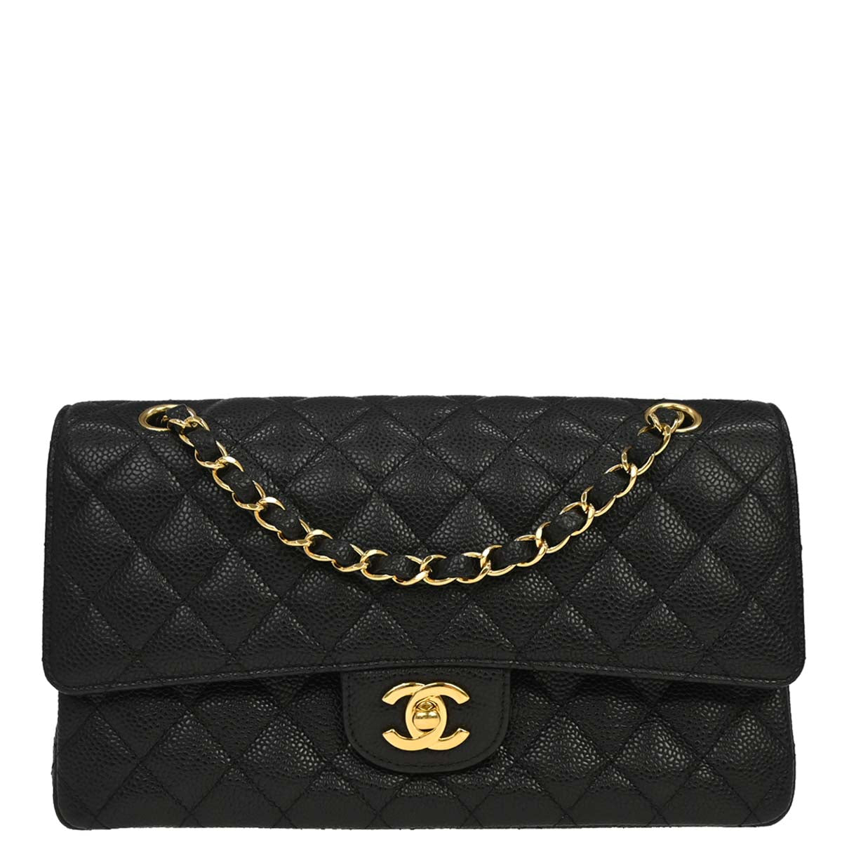 Chanel 2014 Black Caviar Skin Medium Classic Double Flap Shoulder Bag
