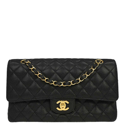 Chanel 2014 Black Caviar Skin Medium Classic Double Flap Shoulder Bag