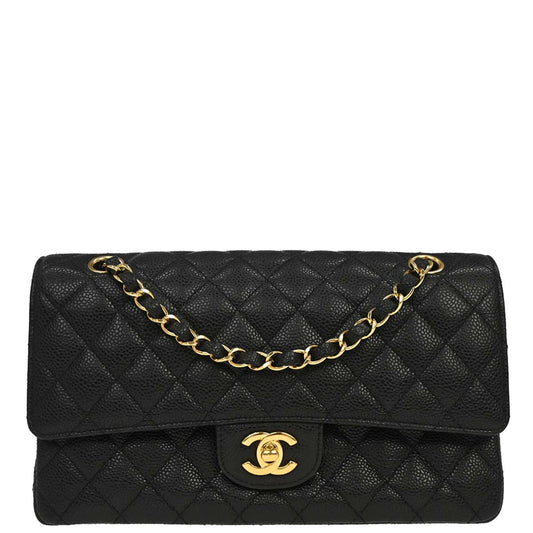 Chanel 2014 Black Caviar Skin Medium Classic Double Flap Shoulder Bag