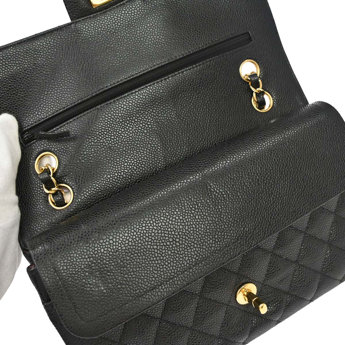 Chanel 2014 Black Caviar Skin Medium Classic Double Flap Shoulder Bag