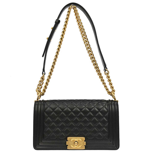 Boy Chanel 2019 Black Caviar Skin Medium Chain Shoulder Bag