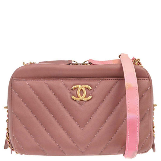 Chanel 2018 Pink Lambskin Chevron Camera Bag Mini