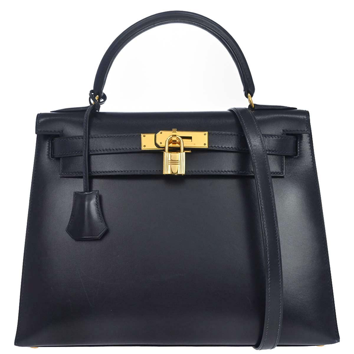 Hermes 1997 Blue Indigo Box Calf Kelly 28 Sellier 2way Shoulder Handbag