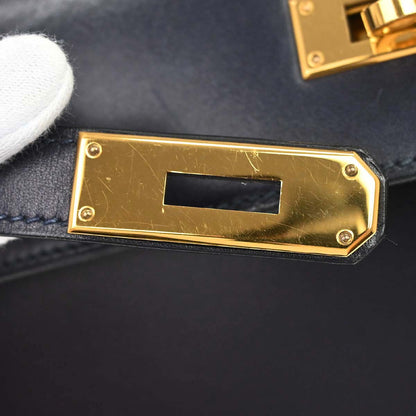 Hermes 1997 Blue Indigo Box Calf Kelly 28 Sellier 2way Shoulder Handbag