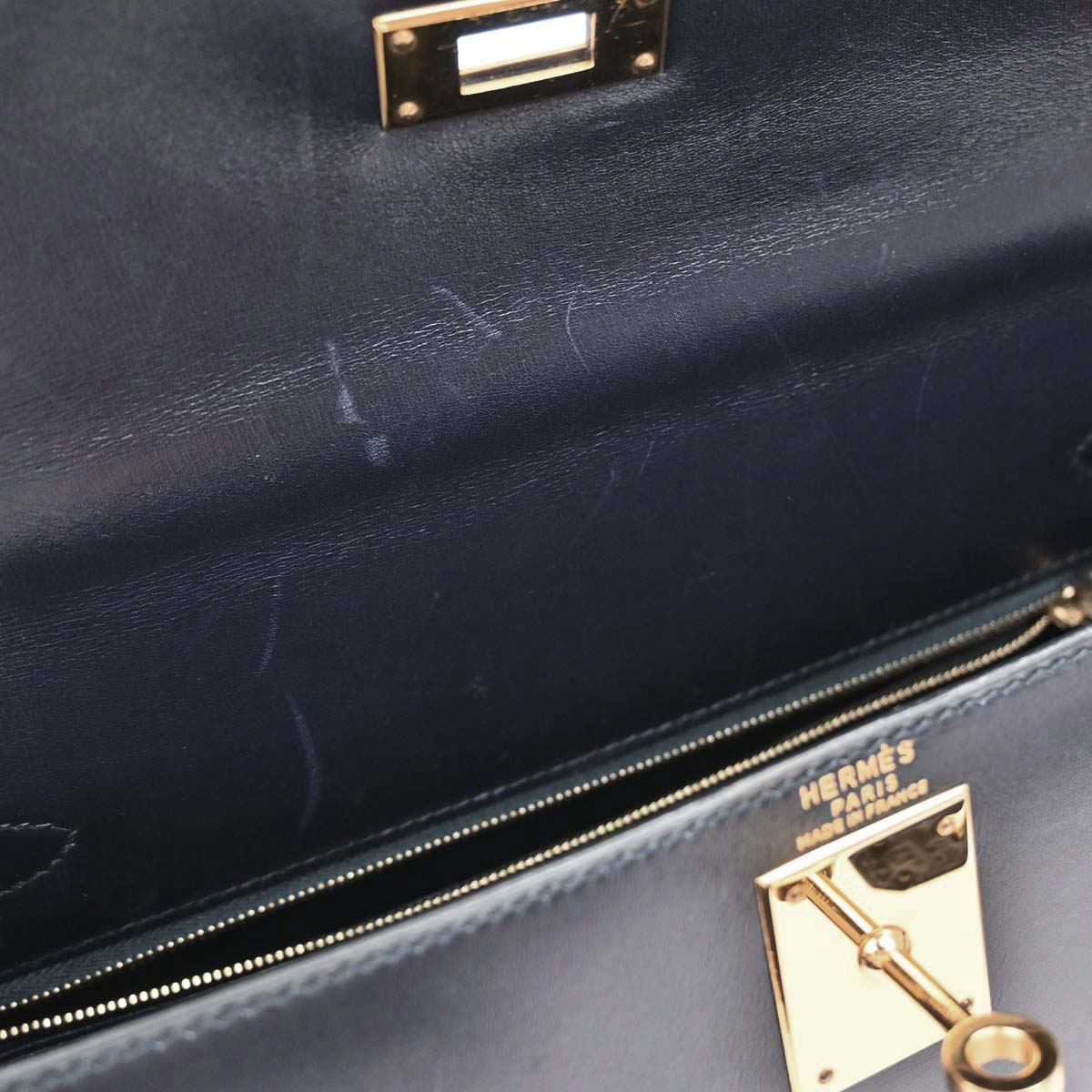 Hermes 1997 Blue Indigo Box Calf Kelly 28 Sellier 2way Shoulder Handbag
