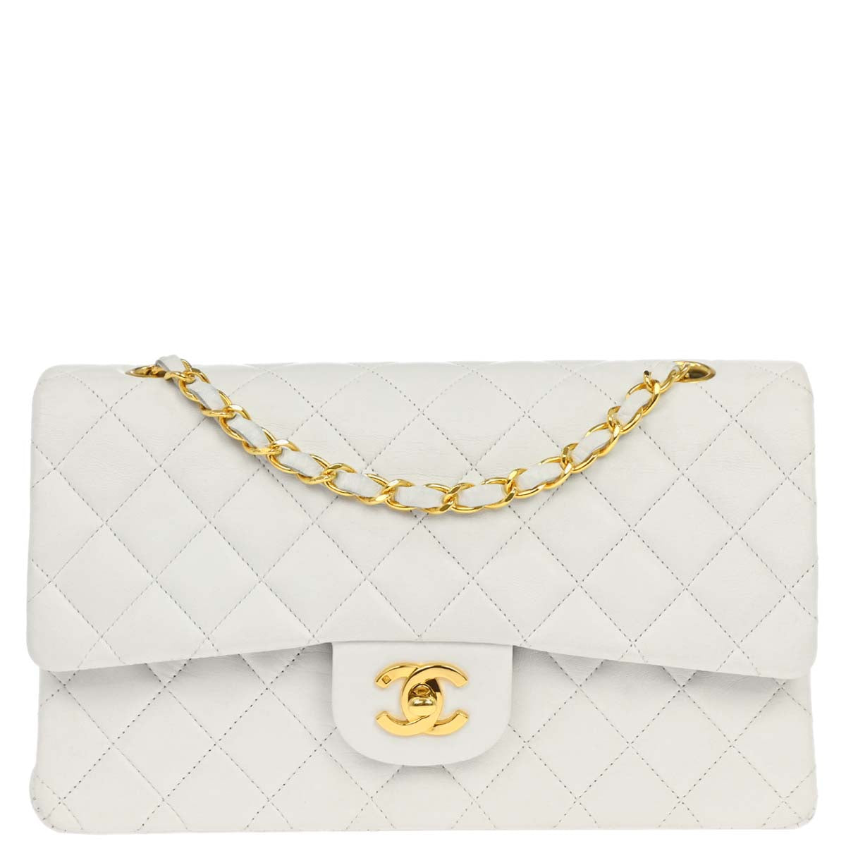 Chanel 1991-1994 White Lambskin Medium Classic Double Flap Shoulder Bag