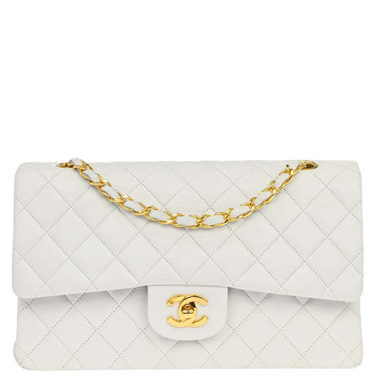 Chanel 1991-1994 White Lambskin Medium Classic Double Flap Shoulder Bag
