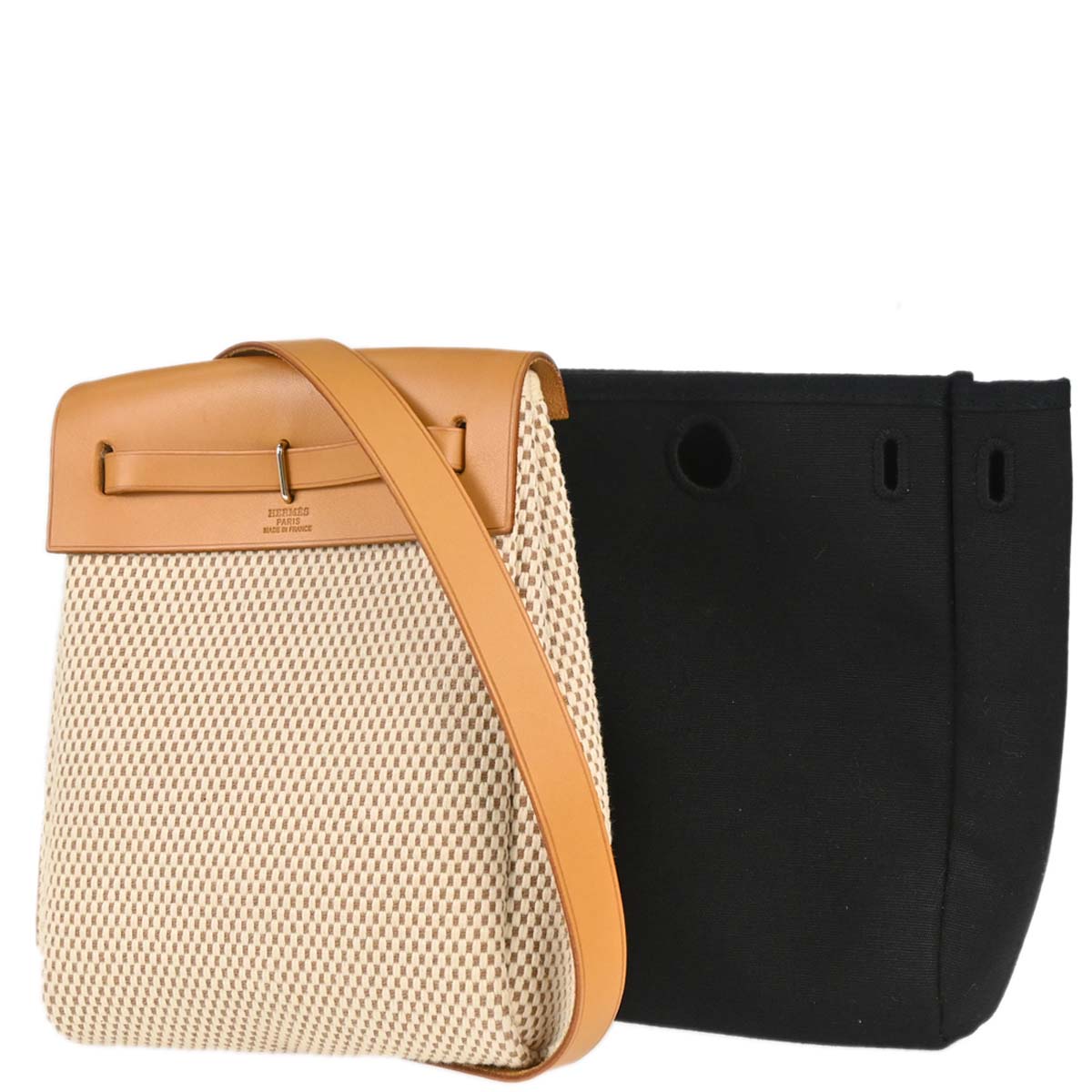 Hermes 2004 Black Natural Toile Officier GM Herbag TPM 2 in 1 Shoulder Bag
