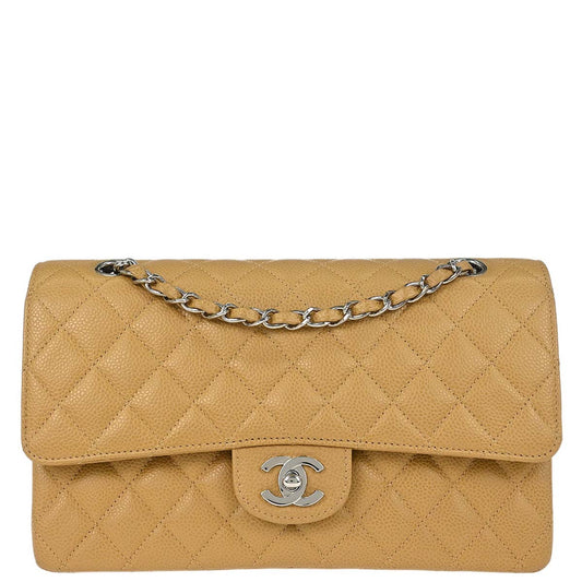 Chanel 2000-2002 Beige Caviar Skin Medium Classic Double Flap Shoulder Bag