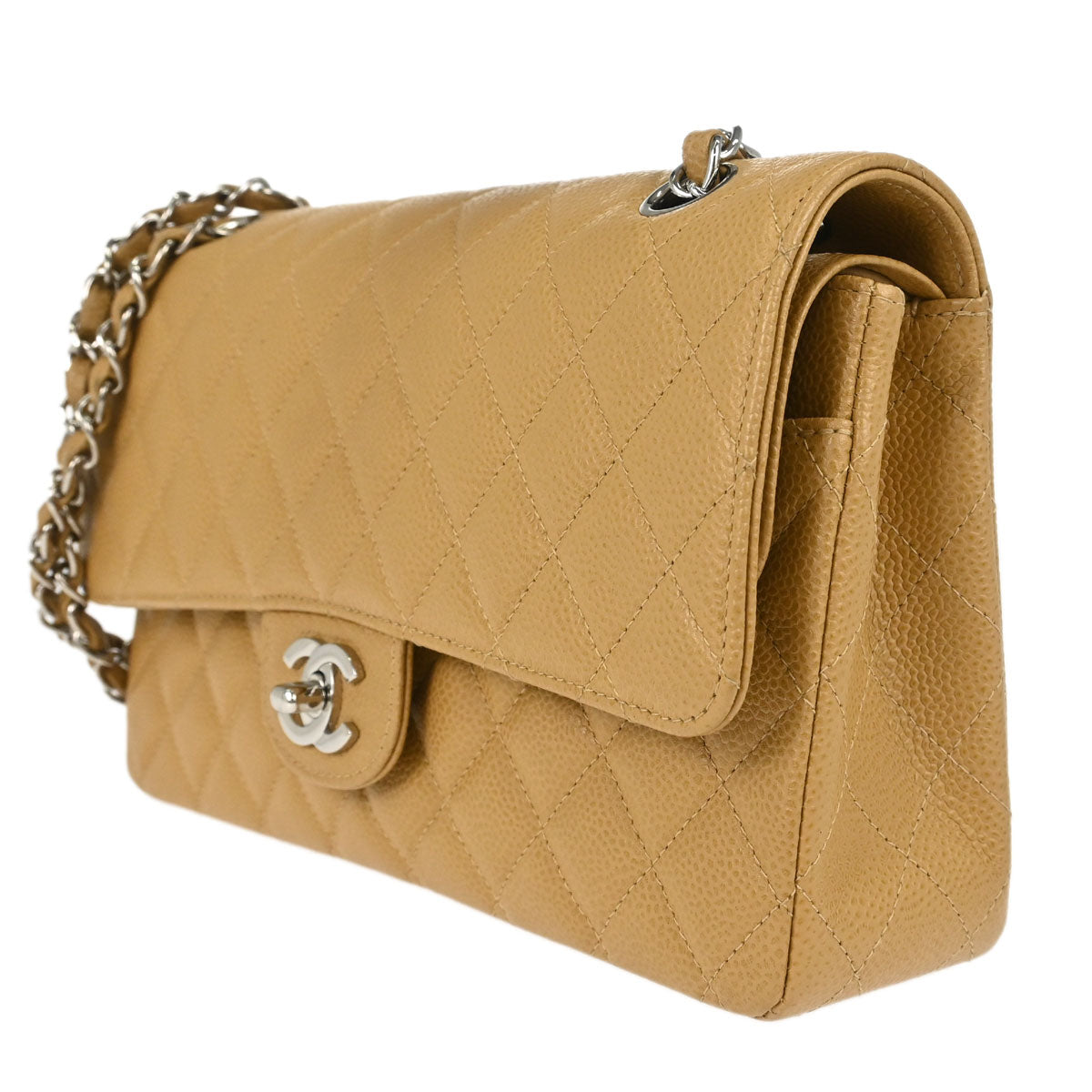 Chanel 2000-2002 Beige Caviar Skin Medium Classic Double Flap Shoulder Bag